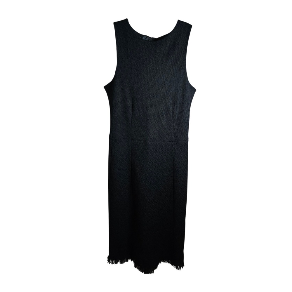 Theory Vaille H Squaredance Black Wool Textured Sheath Dress Fringe Hem Size 8
